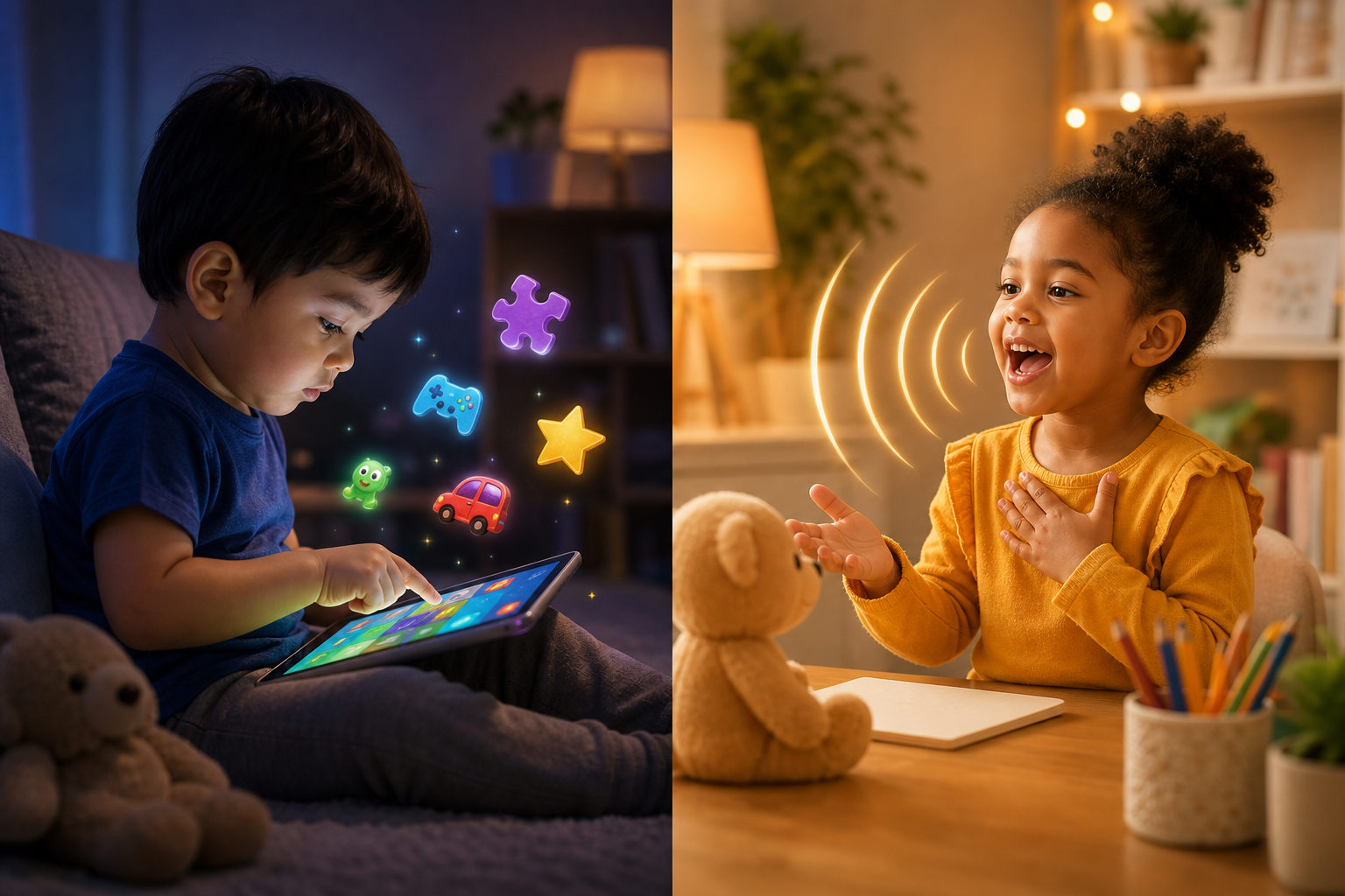 A side-by-side split scene showing two different learning experiences for young children: on one side, a child sitting alone tapping on a colorful tablet screen with game-like icons floating around; on the other side, a child sitting up attentively and speaking out loud, with sound waves visualizing their voice, in a warm cozy home learning environment. Soft, warm lighting, cheerful and inviting atmosphere, no text or letters anywhere in the image.