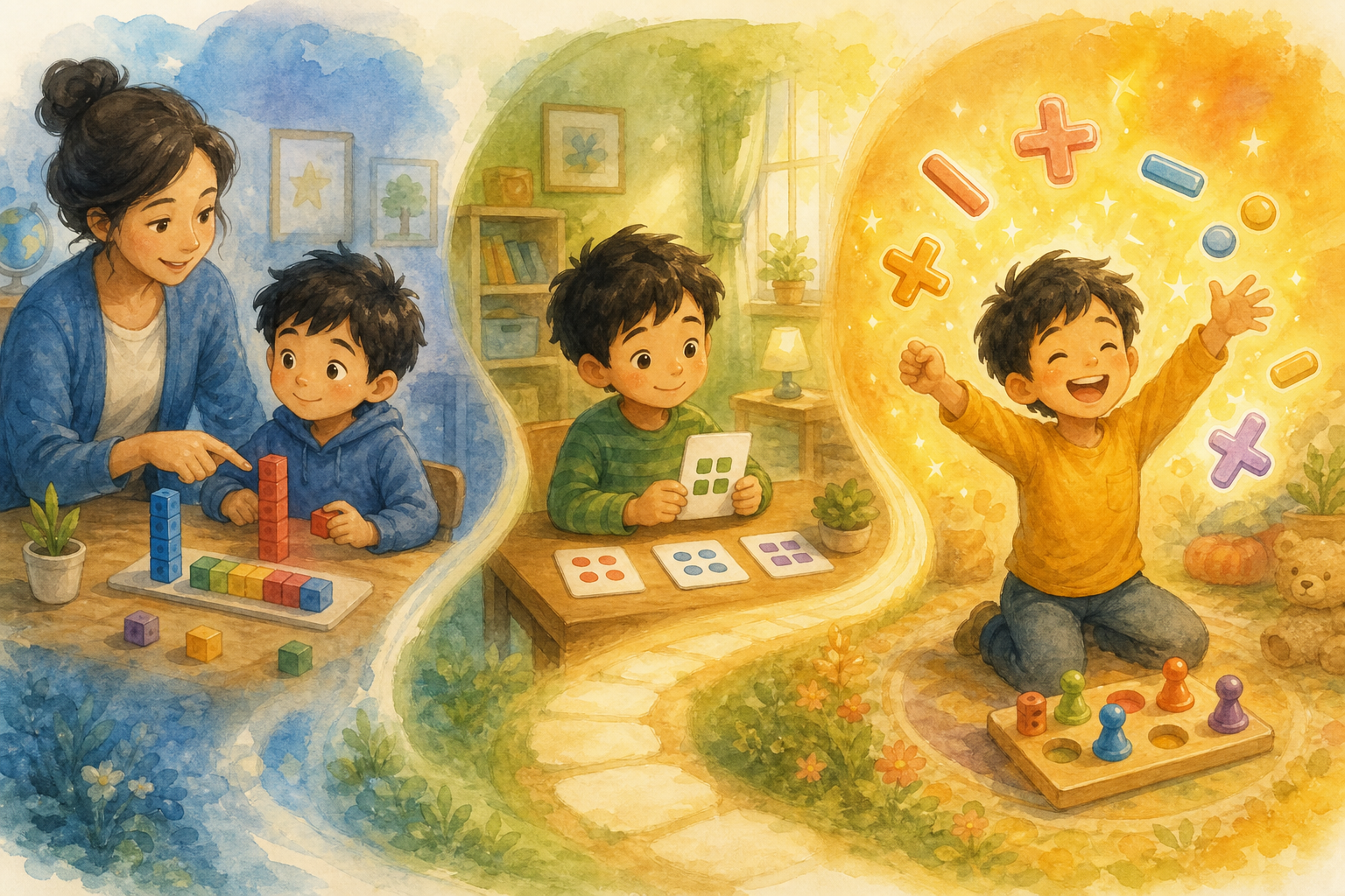 A warm, illustrated diagram showing a young elementary school child moving along a winding path through three distinct glowing stages: first sitting with a teacher learning a concept with counting blocks, then practicing with flashcards, then playing a fun game with math symbols flying around. Each stage is visually distinct with soft color transitions from cool blue to warm golden light. The child looks increasingly confident and happy at each stage. Soft watercolor illustration style, no text or numbers, no letters, classroom and home background elements.