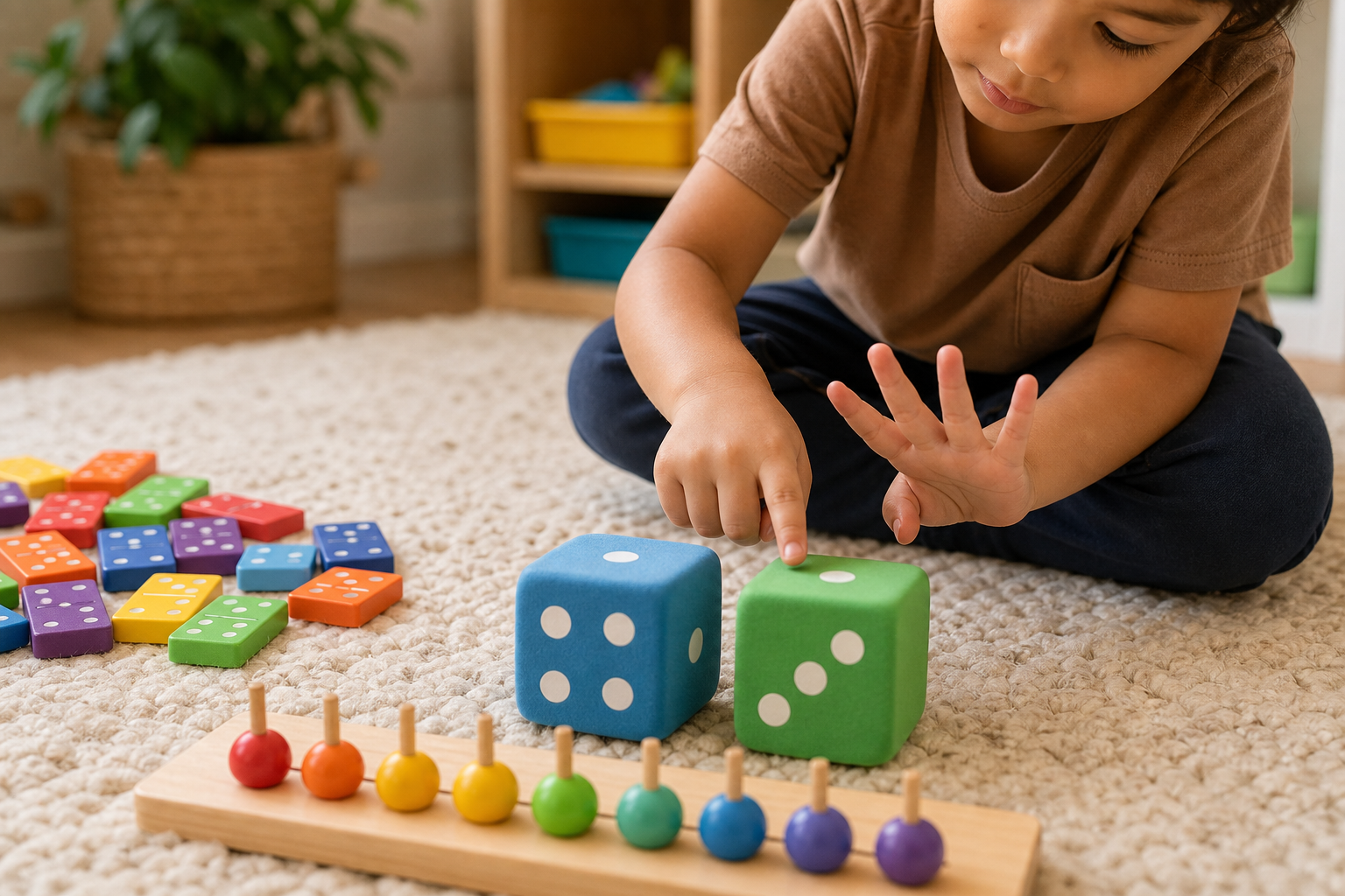 A young child playing a simple addition game on the floor, rolling colorful foam dice and counting the dots with their fingers, surrounded by dominoes and wooden number line on a soft rug, warm home or classroom environment, natural lighting, playful and engaging learning atmosphere, close-up view showing the child's hands and the colorful game pieces