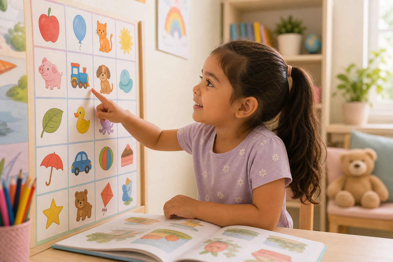 A young child sitting at a table with an open book, pointing at letters on a colorful phonics chart on the wall, a warm and encouraging classroom or home learning environment, soft natural light, close-up showing the child's focused expression and finger tracing letter sounds on the page, pastel tones, cozy elementary school atmosphere