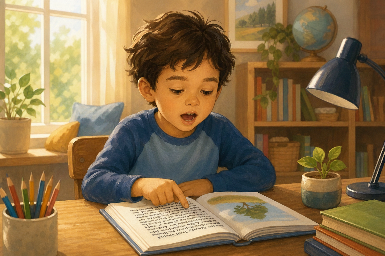 A young child sitting at a wooden desk, reading aloud from an open book, mouth open as if sounding out words, with a focused and curious expression, warm natural light coming through a window, cozy home learning environment, illustrated style with soft colors, bookshelves visible in the background, child appears engaged and confident