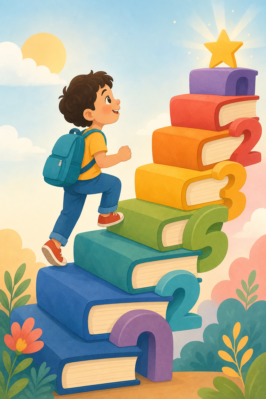 A bright, uplifting illustration showing a young child climbing a staircase made of oversized colorful books and numbers, each step higher than the last, symbolizing academic growth and progress. The child looks confident and excited. Warm, friendly flat-style illustration with soft pastel tones, no text or labels anywhere in the image.