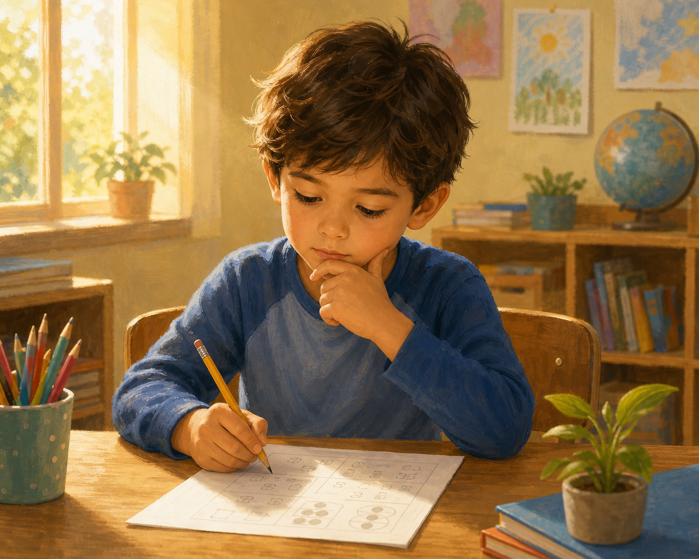 A young child sitting at a wooden desk with a pencil and math worksheet, thinking carefully with a thoughtful expression, a soft warm classroom background with sunlight coming through a window, cozy and focused atmosphere, illustrated style