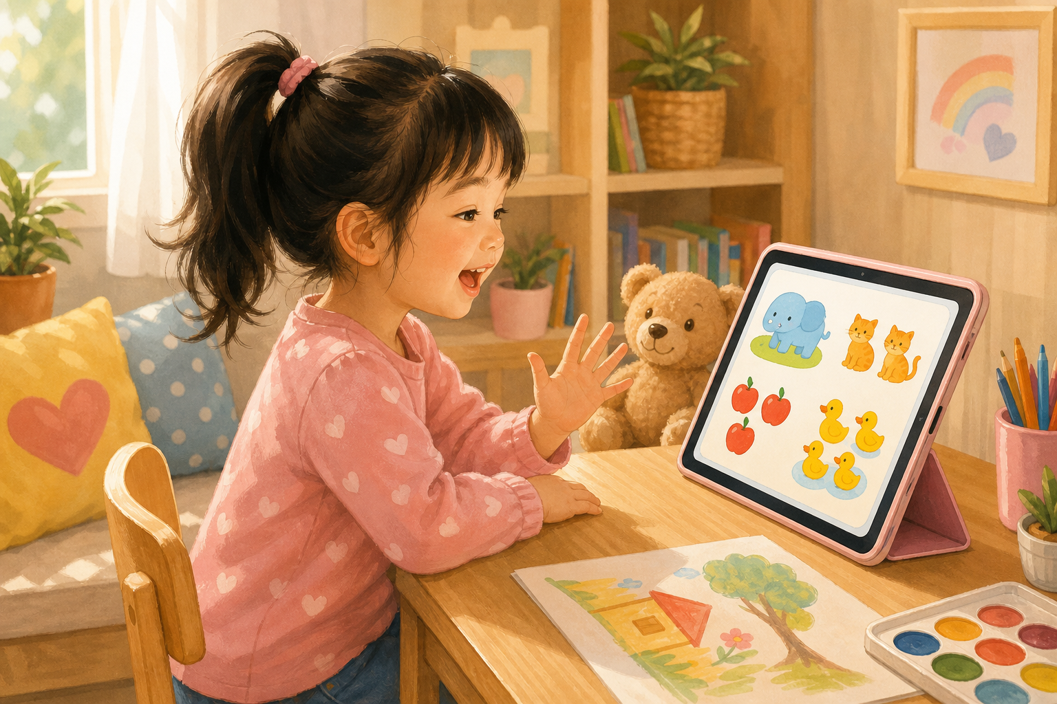 A cheerful young child around age 5 sitting at a small wooden desk, smiling and speaking aloud while looking at a colorful tablet screen showing simple number illustrations, warm cozy home learning environment, soft natural lighting, illustrated style, no text or letters visible