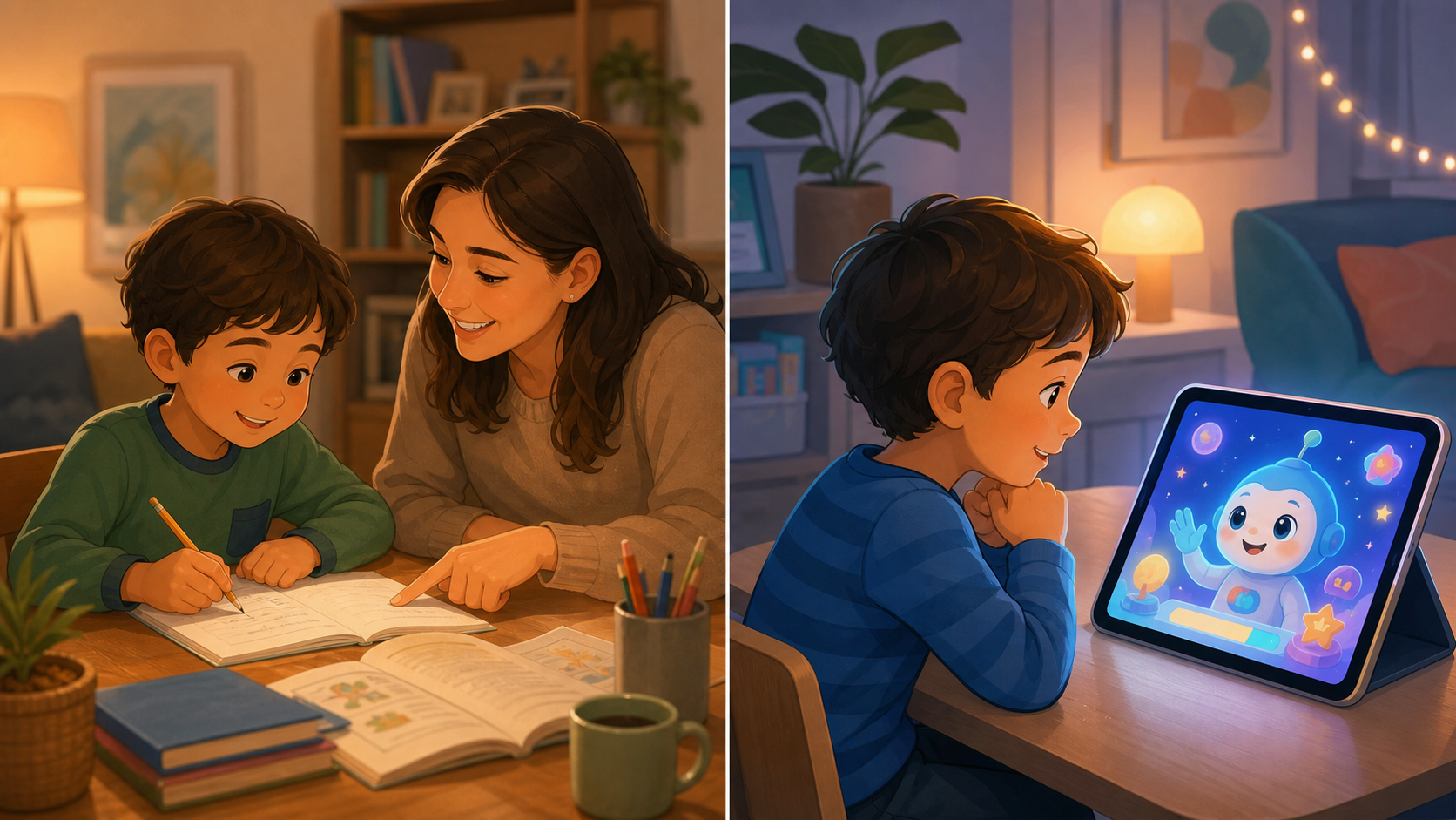 A split scene showing two tutoring scenarios side by side: on the left, a young child sitting at a table with a friendly adult human tutor, books and papers spread out, warm lighting in a cozy home setting; on the right, the same child sitting with a glowing tablet or screen showing an animated friendly character, colorful and engaging interface, modern home environment. Soft, warm colors, illustrated style, no text or words anywhere.