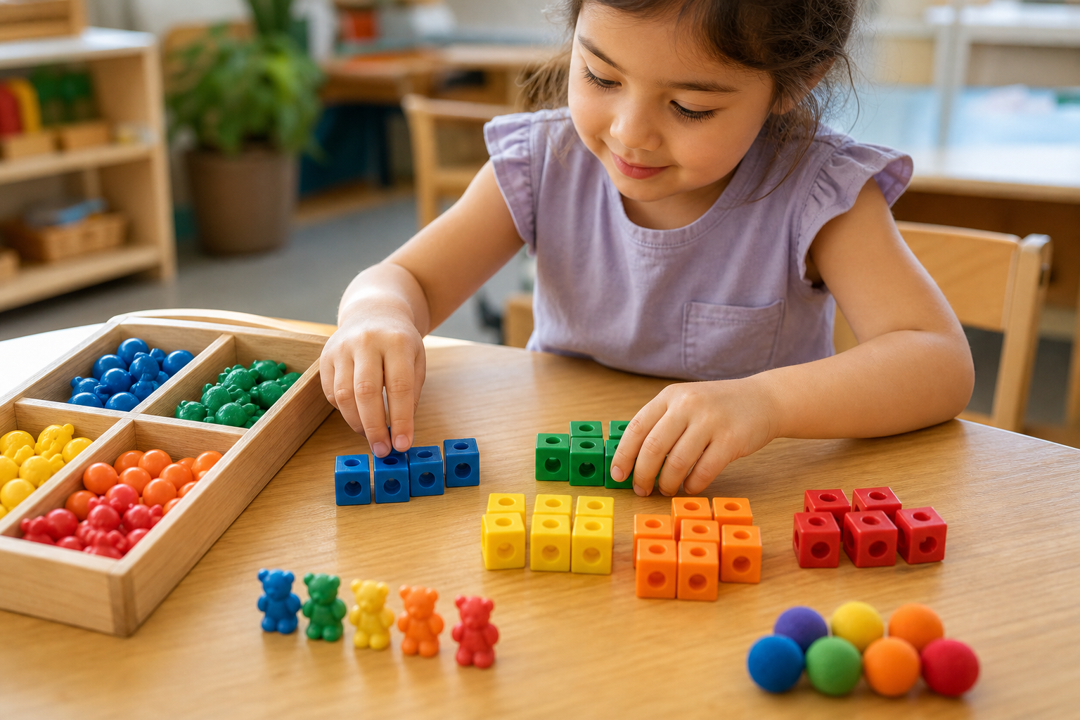 A young kindergarten-age child sitting at a wooden table, using colorful counting blocks and small objects to practice early math, hands reaching out to group and count the blocks, warm natural classroom lighting, bright and inviting learning environment, close-up perspective showing the child's hands and the colorful manipulatives arranged in small groups on the table