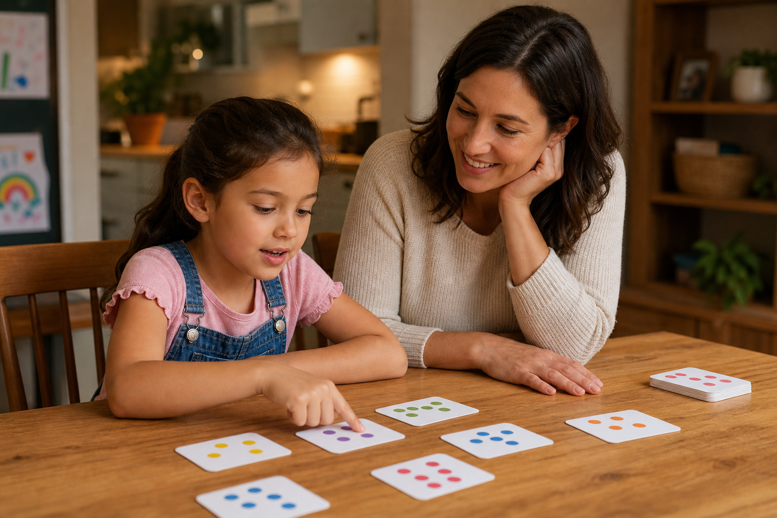 A parent sitting at a kitchen table with a young elementary school child, working through math flashcards together. The child looks focused and engaged, pointing at a card. Warm home environment with soft lighting, cozy and encouraging atmosphere. The parent smiles supportively as the child thinks through the answer. Simple wooden table, cards spread out, a relaxed after-school setting.
