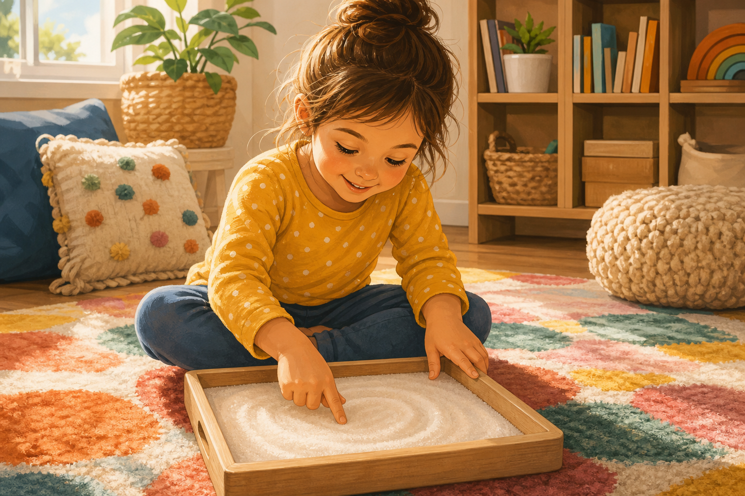 A cheerful young child sitting on a colorful rug at home, using their finger to trace letters in a shallow tray of sand or salt, practicing writing. Warm natural light, cozy home setting with a bookshelf in the background. Illustrated in a friendly, inviting style with soft warm colors. No text, no words, no letters visible anywhere in the image.