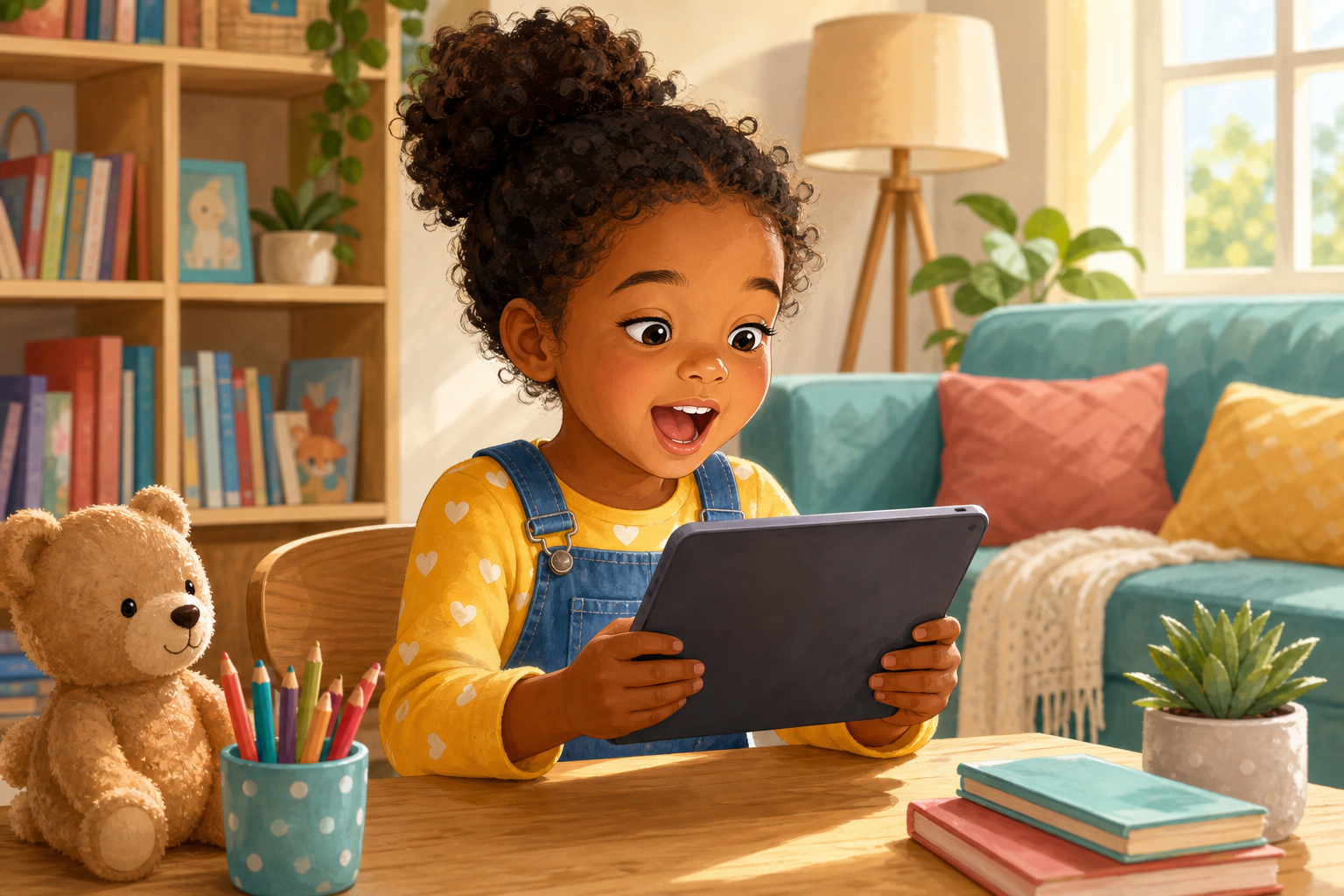 A cheerful young child sitting at a table holding a tablet, reading aloud with an open mouth as if sounding out words, warm home environment with soft natural lighting, colorful illustrated style, cozy living room background with bookshelves, child appears engaged and excited about learning