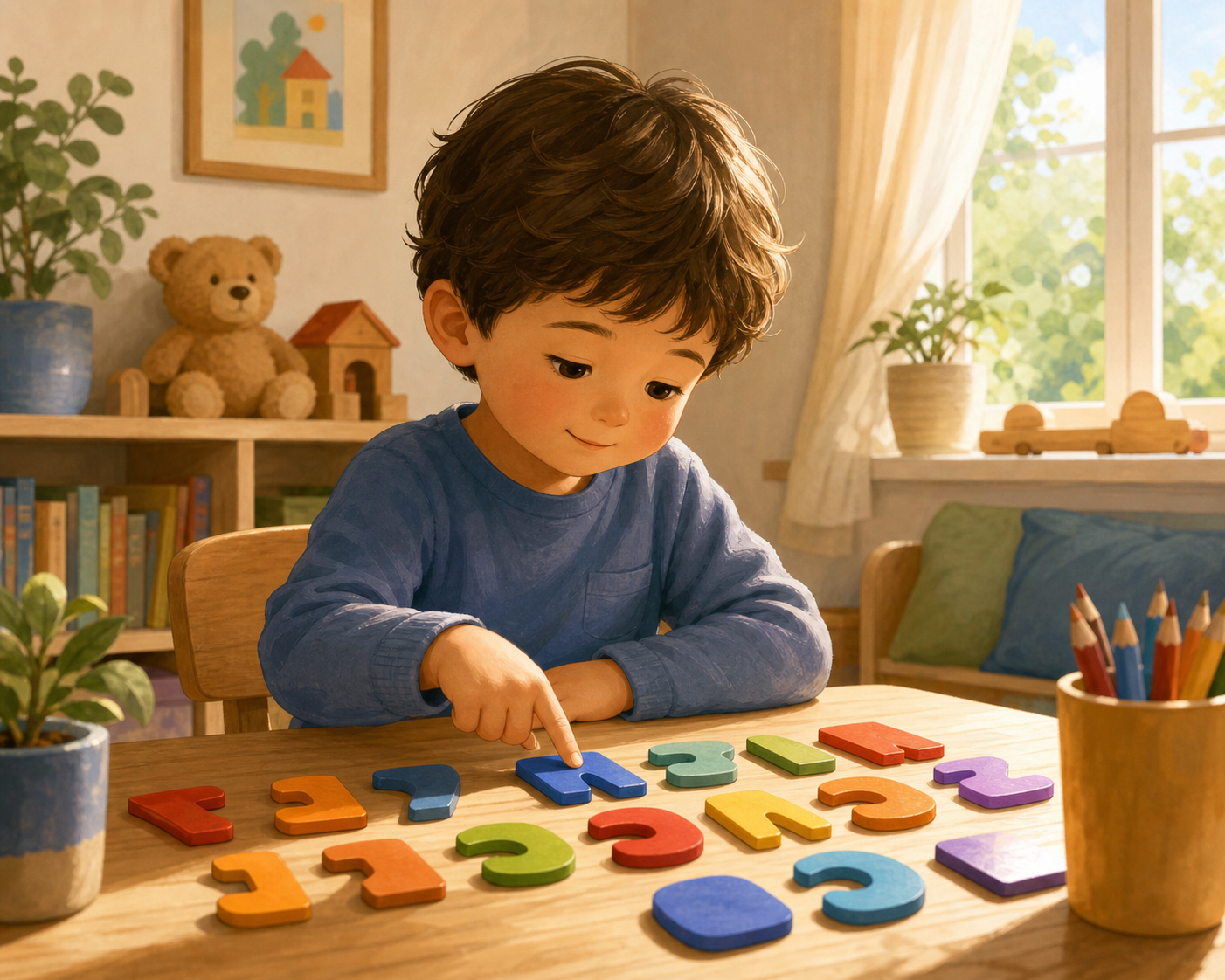 A young child sitting at a small wooden table, carefully pointing at large colorful alphabet letters laid out in front of them, a gentle and focused expression on their face, warm natural light coming through a nearby window, cozy home learning environment, illustrated in a warm and friendly style