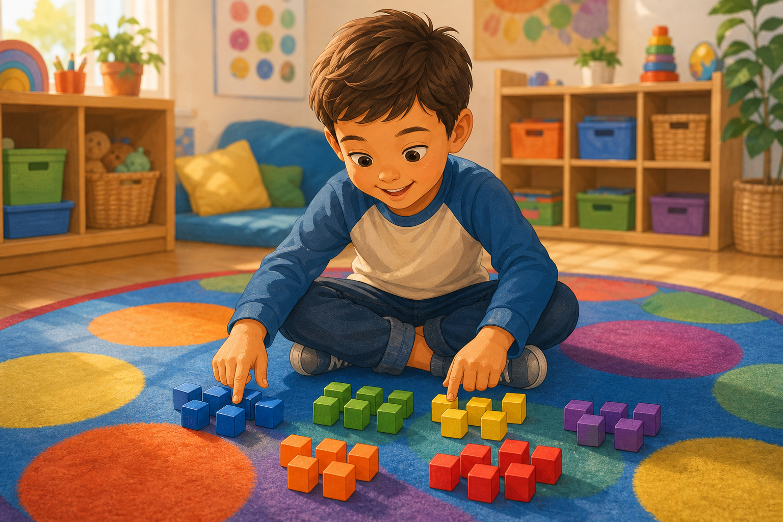 A young child around age 6 sitting on a colorful classroom rug, using both hands to count small colorful blocks arranged in groups, warm soft classroom lighting, illustrated style, cheerful and focused expression, cozy learning environment, no text or letters visible anywhere in the image