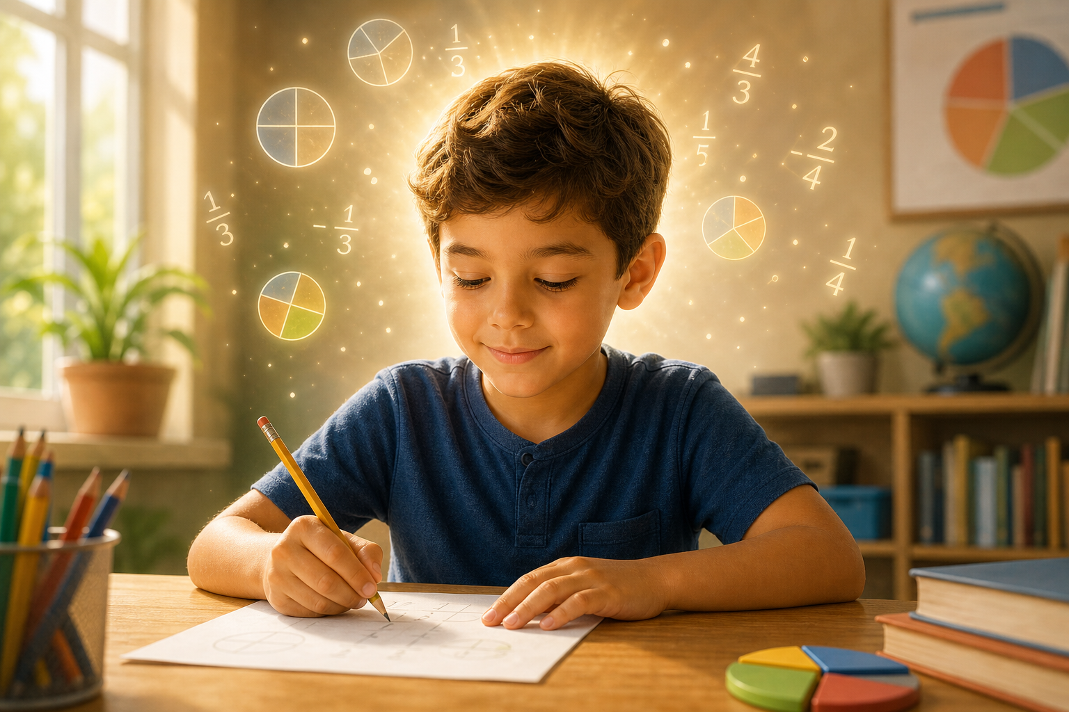A young elementary school child sitting at a wooden desk, confidently working through a math problem on paper, with a calm and focused expression. The child's mind is depicted as clear and open, with soft glowing light around their head suggesting mental clarity and available brainpower. Simple fraction symbols and numbers float lightly in the background, representing complex math concepts the child can now focus on. Warm, inviting classroom atmosphere with soft natural light.
