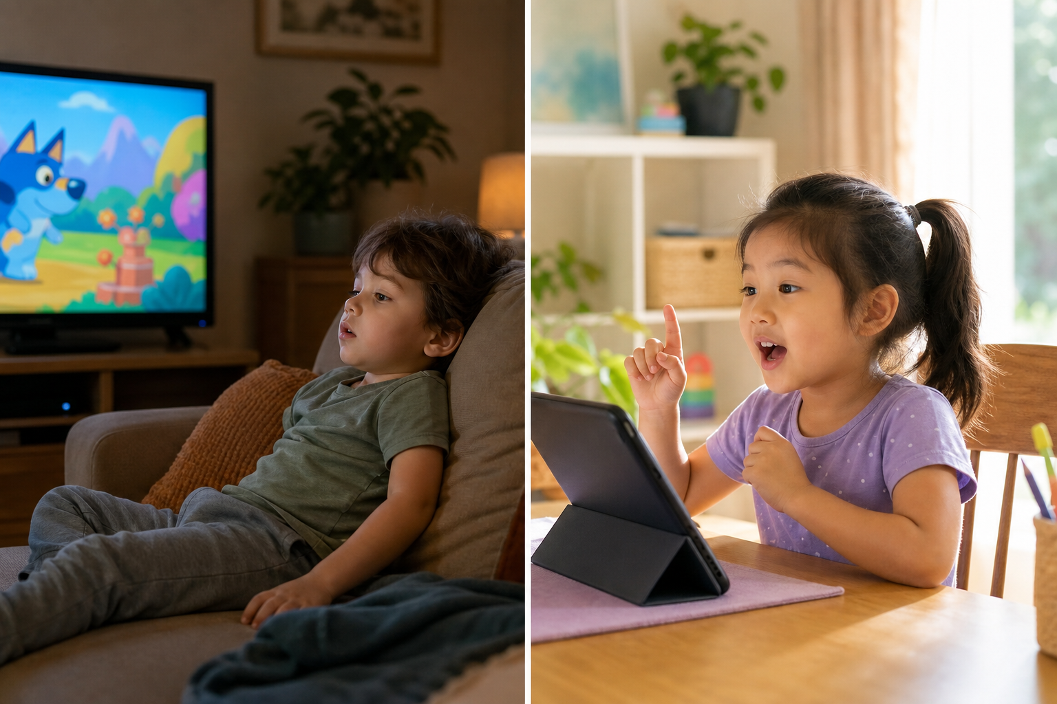 A split scene illustration showing two young children learning. On one side, a child sits passively on a couch watching a colorful cartoon on a TV screen, expression relaxed and glazed. On the other side, a child sits upright at a table with a tablet, mouth open as if speaking, eyes bright and focused, clearly responding to something on screen. Warm home environment, soft natural lighting, no books or text visible anywhere, purely visual storytelling about passive versus active engagement.