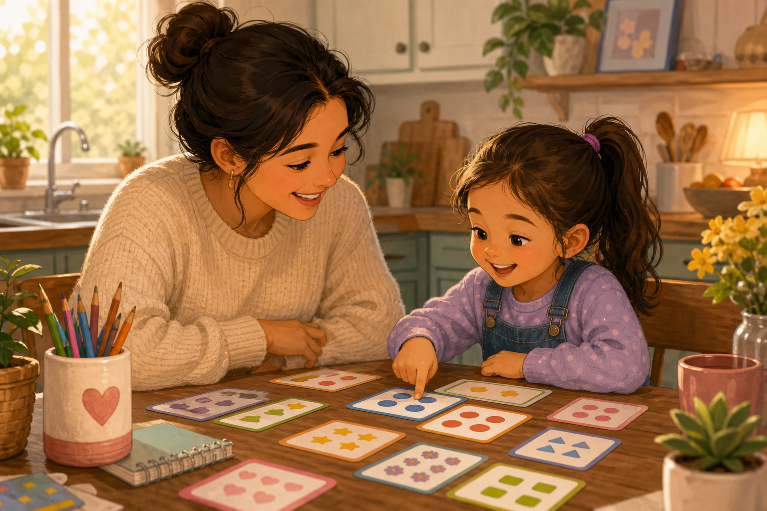 A warm illustrated scene of a parent and young child sitting together at a kitchen table, practicing math flashcards. The child looks engaged and happy, pointing at a card. Soft home lighting, cozy atmosphere, colorful flashcards spread on the table, pencils and a small notebook nearby. Friendly and encouraging mood, illustrated style.