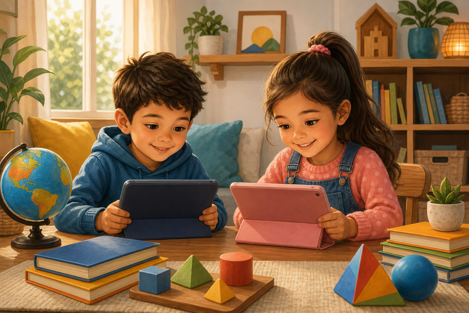 A warm and friendly illustrated scene showing two young elementary school children, a boy and a girl around ages 6 to 8, sitting side by side at a cozy home learning setup, each engaged with a tablet device, surrounded by colorful educational elements like a small globe, stacked books, geometric shapes, and a plant, soft natural light from a window, inviting and cheerful home atmosphere, child-friendly illustration style with warm colors