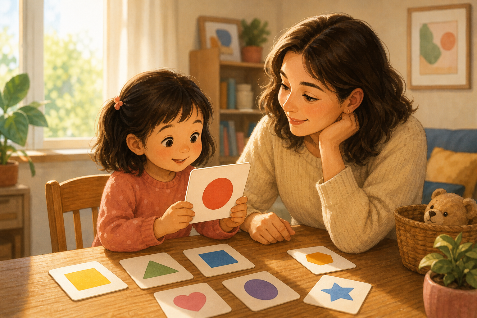 A warm, cozy scene of a young child sitting at a wooden table with a caring adult, practicing reading together. Flash cards with simple shapes are spread on the table. Soft natural light fills the room. Illustrated in a gentle, inviting style with warm colors. No text, no words, no letters visible anywhere in the image.