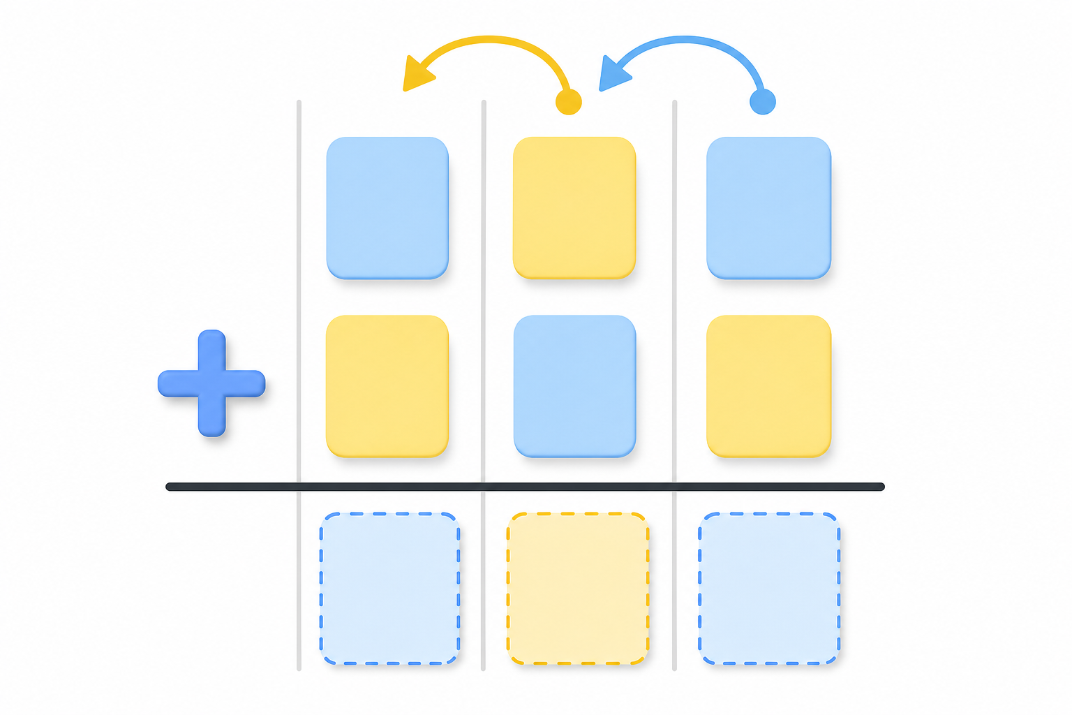 A clean, bright educational illustration showing two multi-digit numbers stacked vertically in a column addition layout on a white background, with columns visually separated by subtle vertical lines, small curved arrows indicating carrying from the ones column to the tens column and from the tens column to the hundreds column, colorful digit placeholders in pastel blue and yellow, soft shadows, flat design style, no text or numbers, child-friendly aesthetic