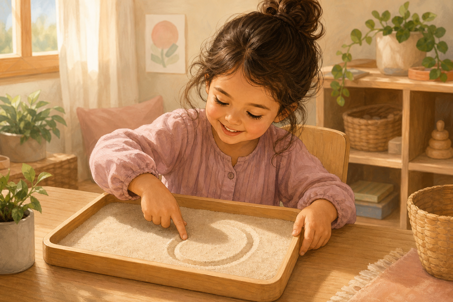 A young child sitting at a table, happily tracing a letter shape in a shallow tray of sand with their finger, warm natural lighting, cozy home learning environment, soft colors, illustrated style, no text or letters visible