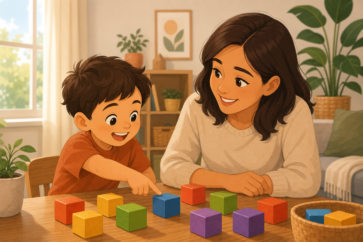 A warm, inviting scene of a young child around age 4 sitting at a wooden table with a caring adult, both looking at colorful alphabet blocks arranged on the table. The child points excitedly at one of the blocks while the adult smiles encouragingly. Soft natural light fills the cozy home setting. Illustrated in a friendly, modern flat style with warm tones.
