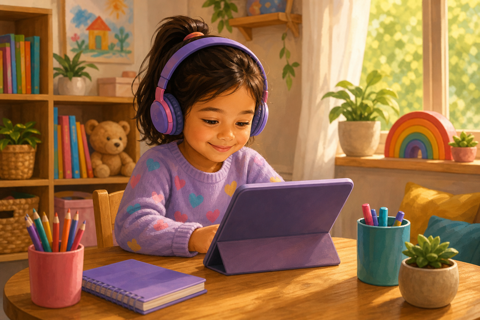 A young child around age 5 sitting at a small wooden table, wearing headphones, looking at a tablet with a warm smile, in a cozy home learning environment with soft natural light coming through a window, colorful books and school supplies nearby, illustrated in a warm and friendly style