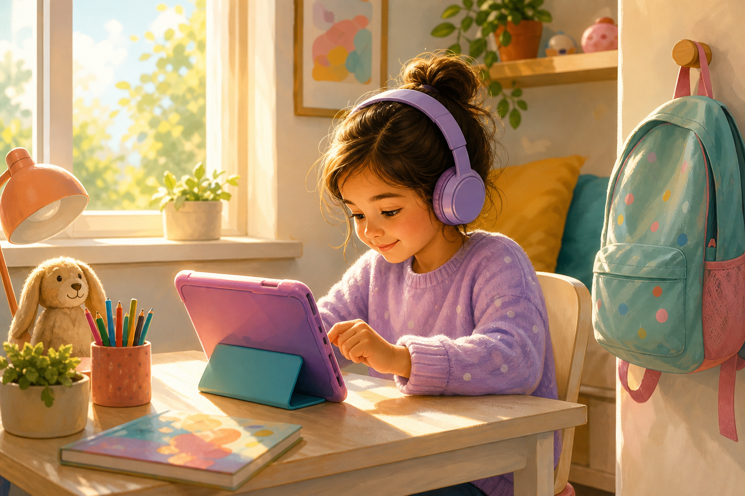 A young child around age 6 sitting comfortably at a small desk near a sunny window, wearing headphones, focused and engaged with a colorful tablet in front of them, morning light streaming in, a cozy home environment with a backpack hanging nearby, illustrated soft warm style, no text or words anywhere in the image