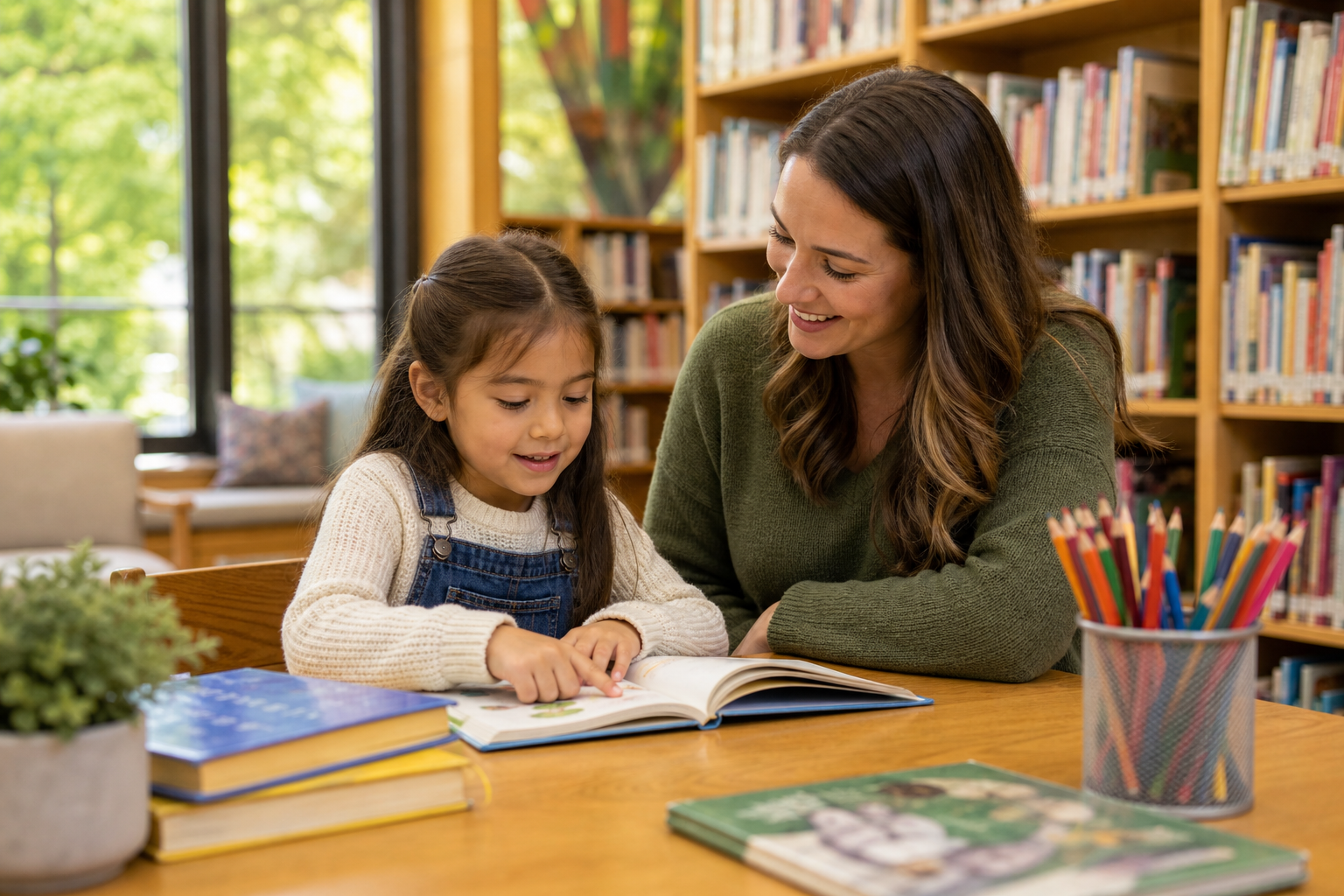 A young elementary school child sitting at a wooden library table with open books and colorful pencils, engaged in reading with a friendly adult helper nearby, warm natural light filtering through large library windows, bookshelves full of colorful books in the background, cozy and welcoming atmosphere
