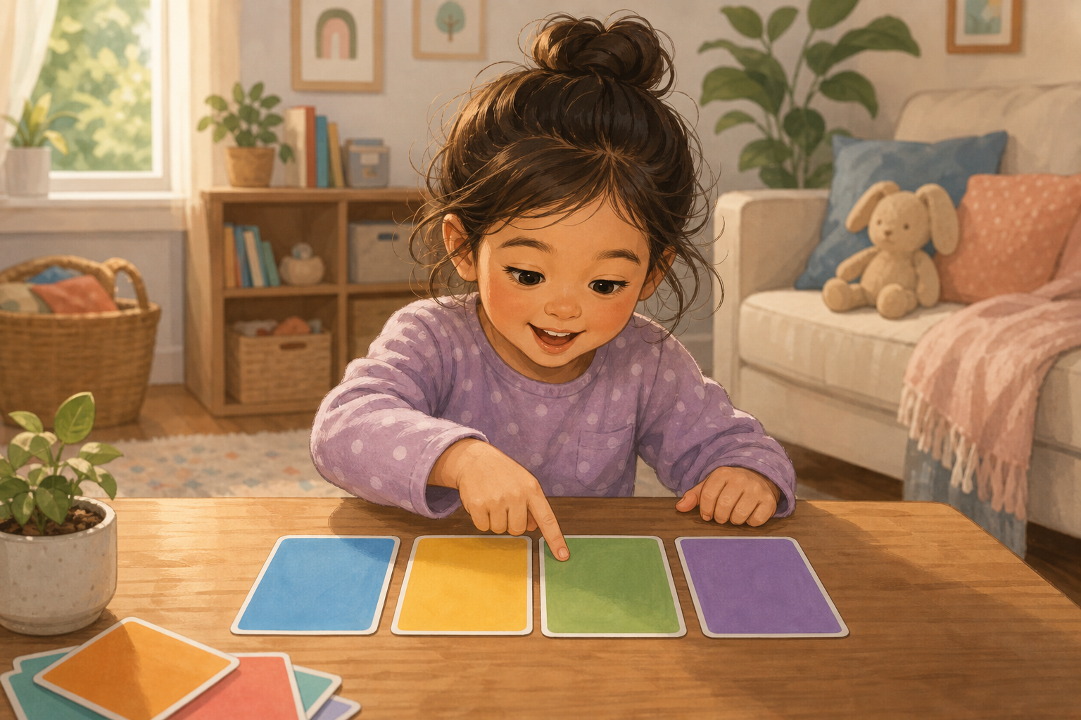 A young child sitting at a low table with large colorful letter cards spread out in front of them, carefully pointing at each card in sequence and blending the sounds together to read their first simple word, warm cozy home environment, soft natural light, illustrated style, joyful expression of concentration and discovery, no text or letters visible on the cards