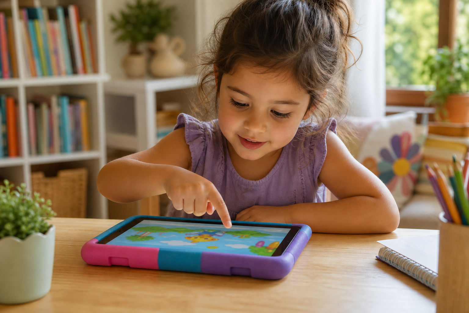 A young child sitting at a wooden table, focused and engaged, using a colorful tablet device for learning. Warm, natural home environment with soft lighting, books visible in the background. The child looks thoughtful and curious, pointing at the screen. Bright, cheerful atmosphere conveying active learning rather than passive screen time.