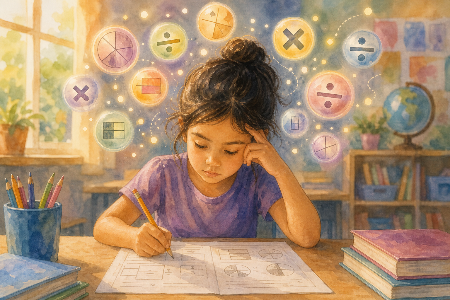 A young elementary school child sitting at a desk working on a math worksheet with fractions and multi-step problems. The child has a thoughtful, focused expression. Around their head, soft glowing orbs float representing different thoughts and mental tasks — some orbs showing multiplication symbols, fraction bars, and division signs — illustrating a busy, overloaded working mind. Warm classroom lighting, soft watercolor illustration style, no text or numbers visible.