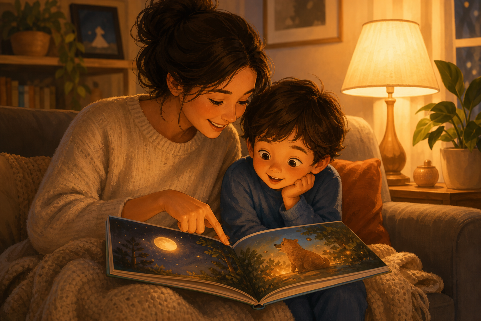 A warm, cozy scene of a parent and young child sitting together on a couch reading a picture book, soft lamp light glowing beside them, the parent pointing to a page while the child looks on with curiosity and delight, illustrated in a warm, friendly style