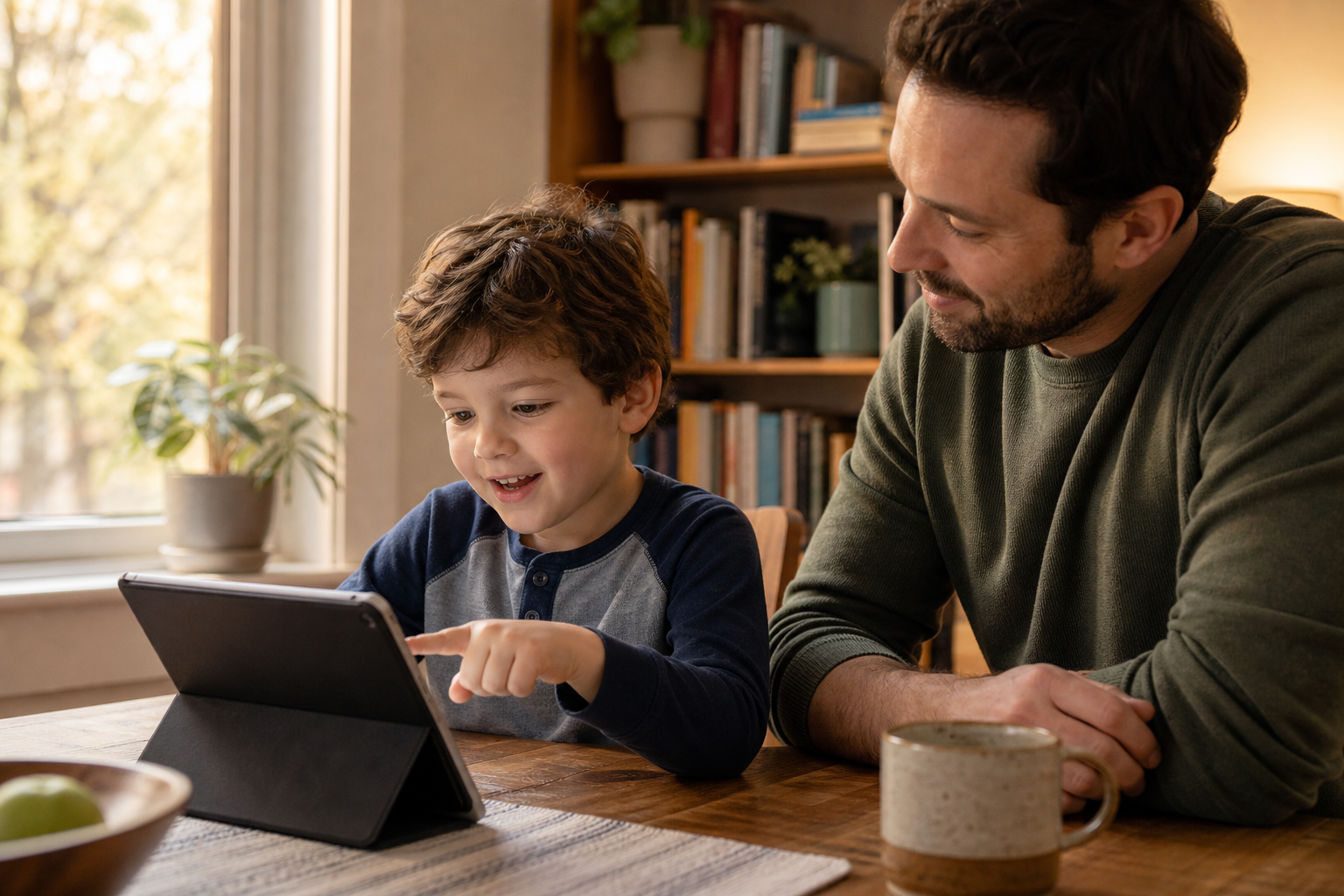 A young child around age 6 sitting at a kitchen table with a tablet device, engaged and smiling while a parent sits nearby watching warmly, cozy home setting with soft warm lighting, afternoon light through a window, bookshelves visible in the background, child pointing at the tablet screen with curiosity